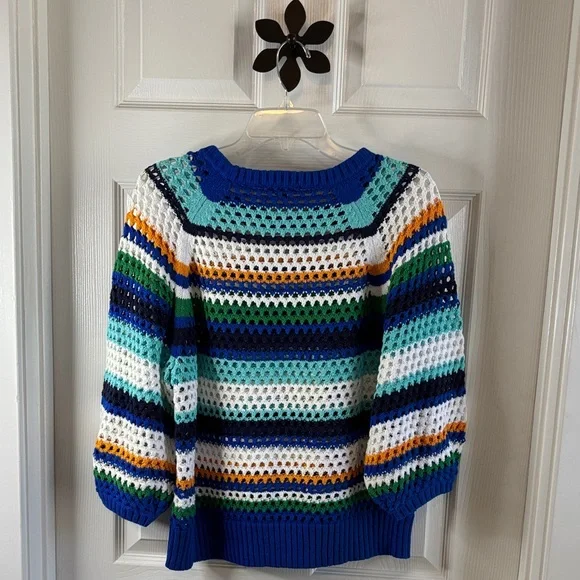 Tribal Multi-Color Striped Sweater 3/4 Sleeves Open Weave Like New Size Large - Picture 6 of 11